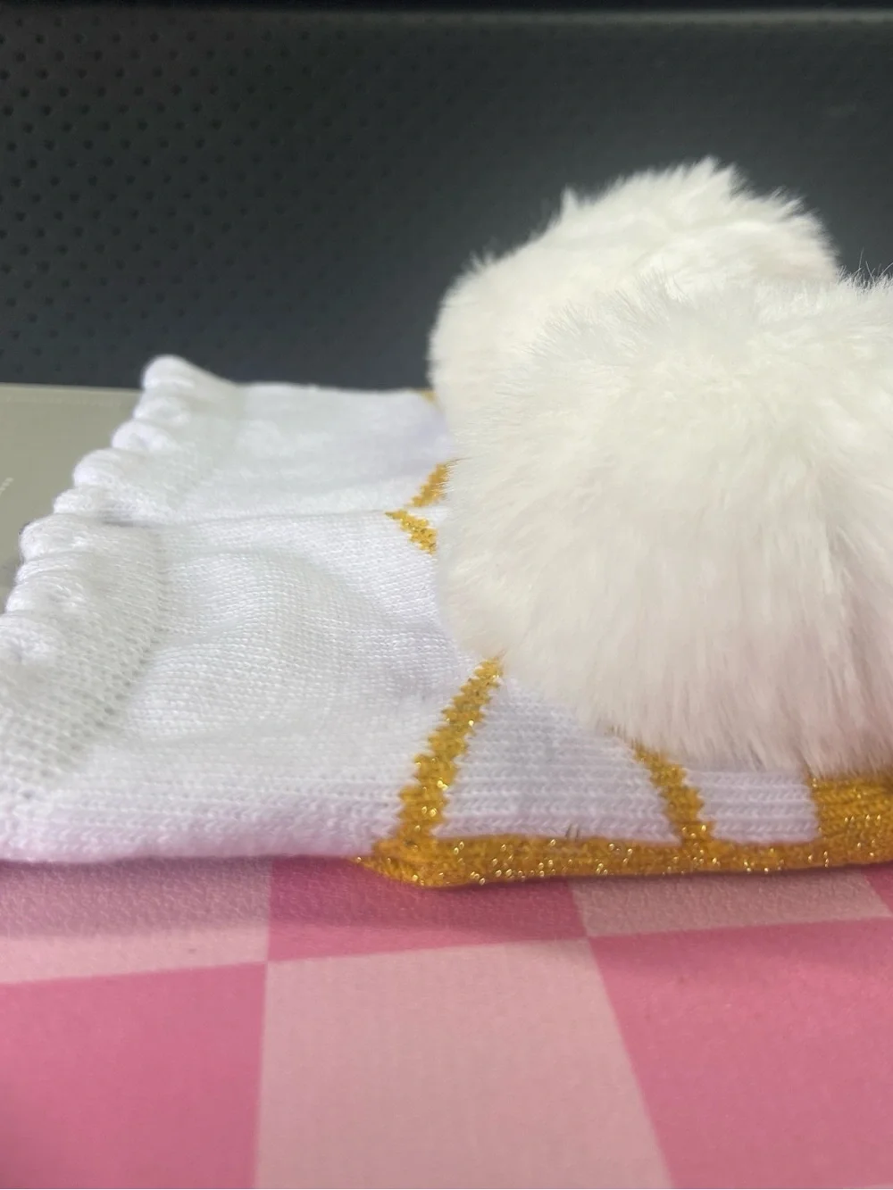 Plush Pom-Pom White Kids Socks with Gold Accent